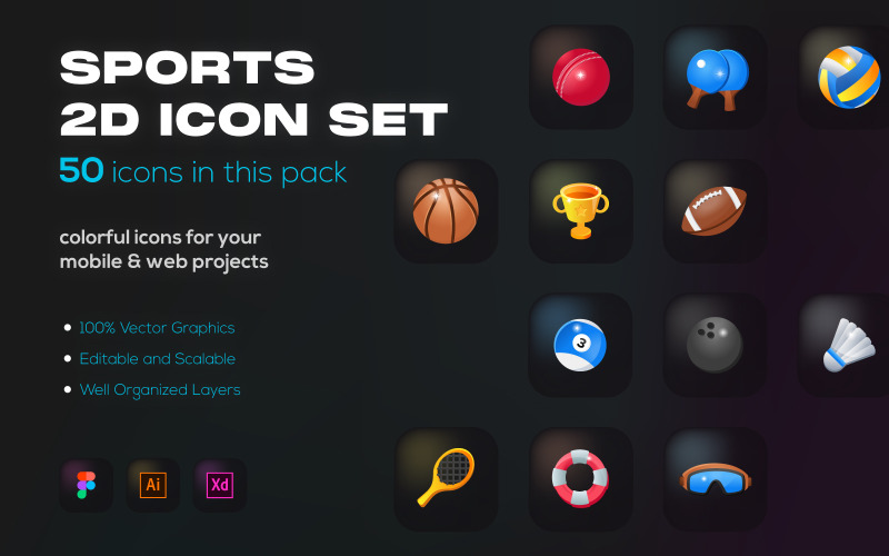 50 iconos deportivos 2D - vectores planos
