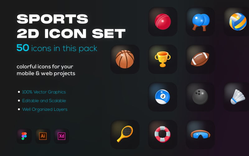 50 Sports 2D Icons - Flat Vectors