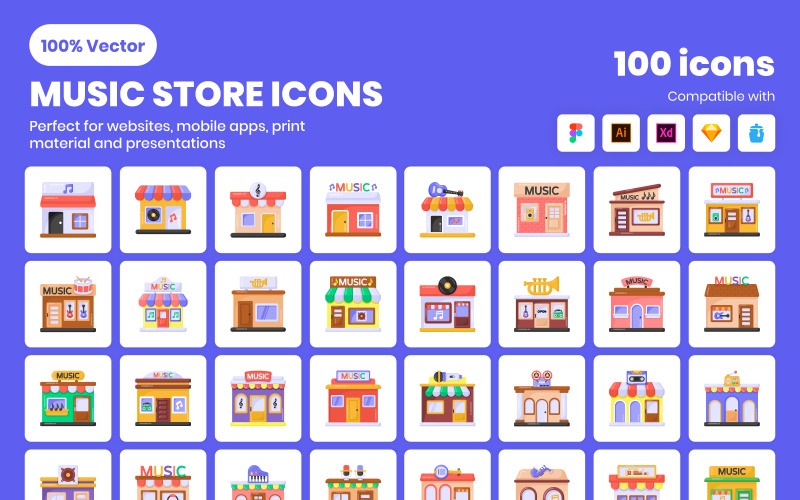 Topp trendiga platt musikbutik ikoner Pack