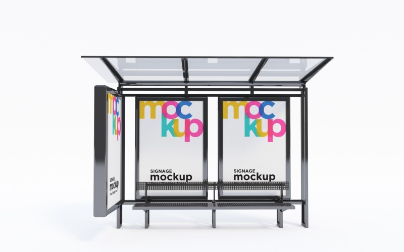 City Bus Stop With Three Billboard Advertising Mockup Template
