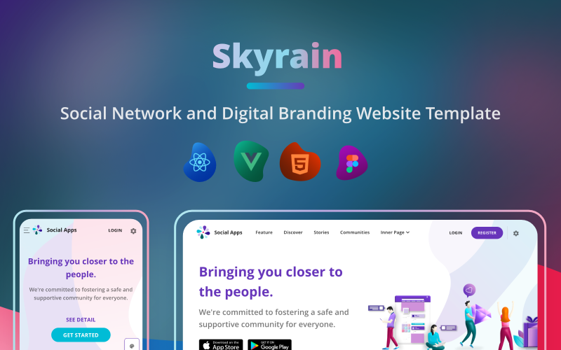 Skyrain – Közösségi hálózat és digitális márkaépítés HTML React Vue és Figma sablon
