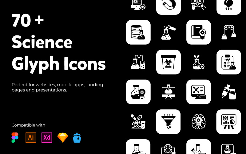 76 Glyph-pictogrammen voor wetenschap en technologie