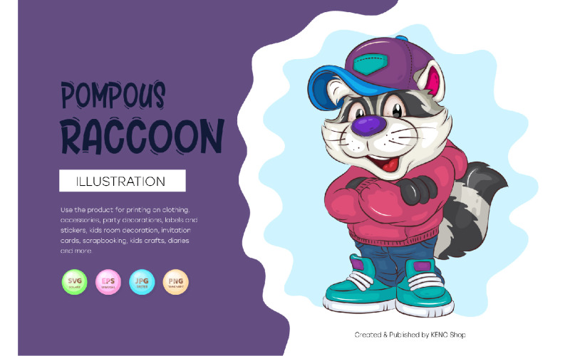 Pompeuze Cartoon wasbeer. T-shirt, PNG, SVG.
