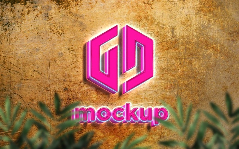 Neon Logo Mockup bakom de gröna bladen Effekter