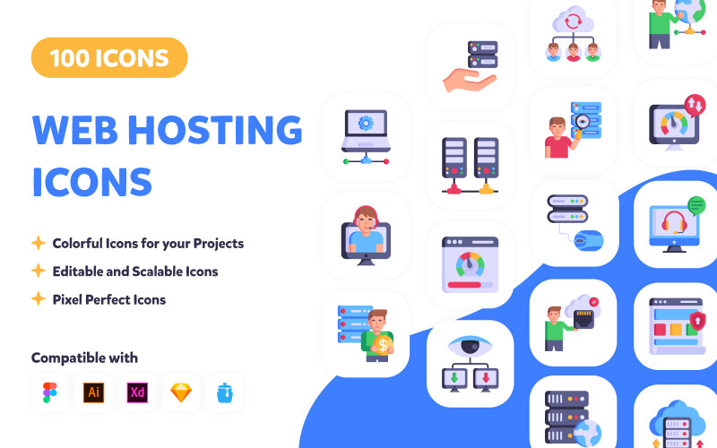 100 Web Hosting Simgeleri - Düz Vektörler
