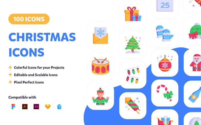 Paquete de 100 iconos vectoriales planos de Navidad