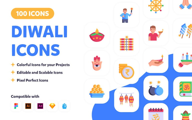 100 platte Diwali-vectorenpictogrammen