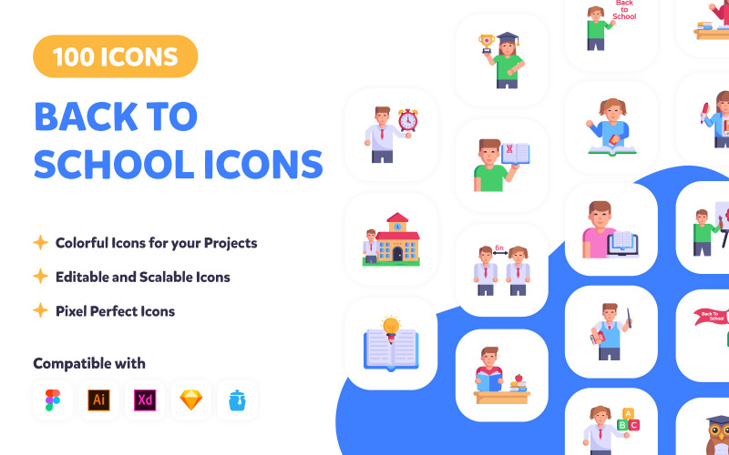 100 Set di icone per l'istruzione scolastica