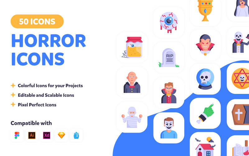 50 plochých hororových ikon-vektorových návrhů