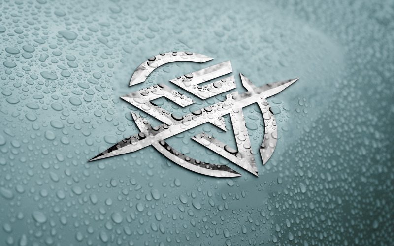 Mockup di nuovo logo in acciaio e verde stile 2 con ombre a goccia d'acqua sullo sfondo