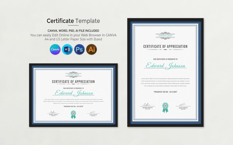 Canva Certificate of Appreciation Template available in A4 and US letter size