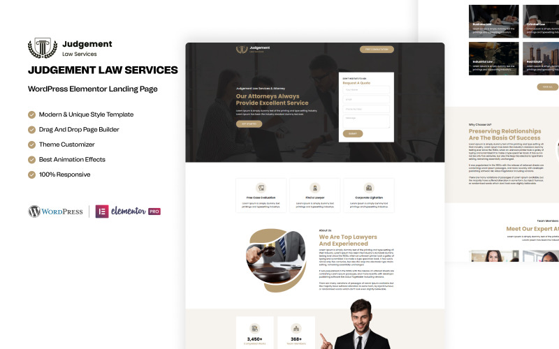 Jugement – Modèle Elementor prêt à l'emploi pour services juridiques WordPress