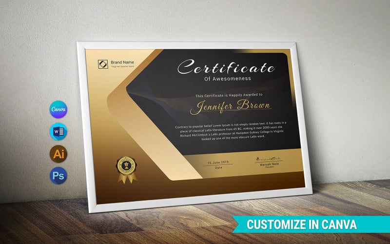 Modèle de certificat Jennifer Brown Modern Canva, MS Word, Illustrator et Photoshop