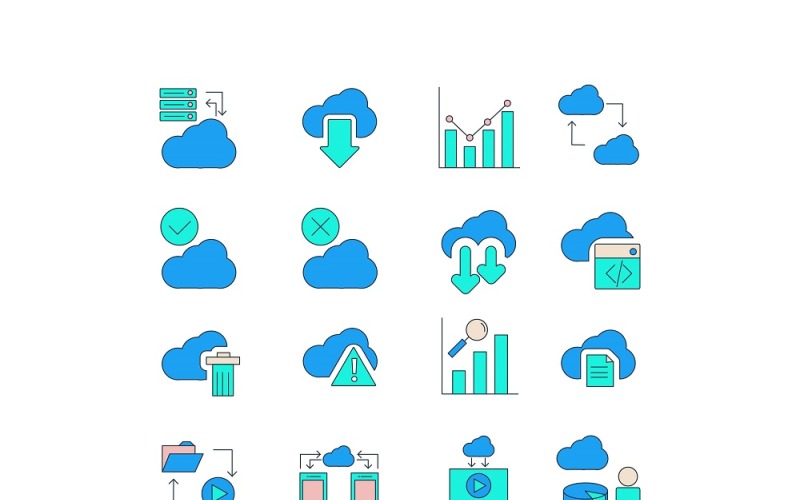 Set di icone colorate per computer cloud con gestione cloud, archiviazione, riparazione e altre icone