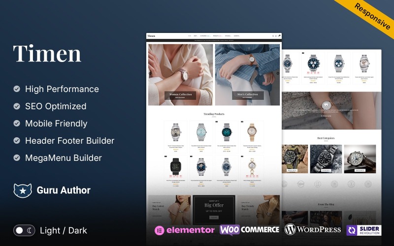 Timen - Tema multipropósito para WooCommerce de Elementor para relojes, joyas y moda