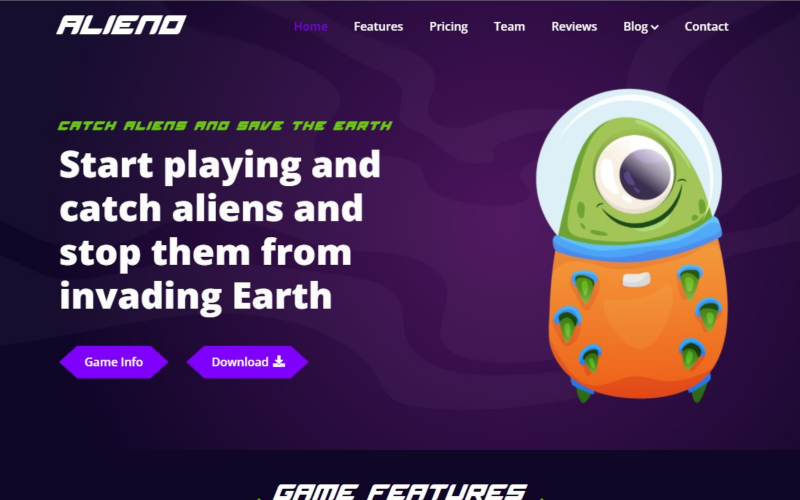 Alieno – шаблон цільової сторінки для мобільних ігор