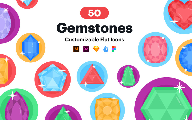 Icônes plates de pierres précieuses - 50 icônes vectorielles