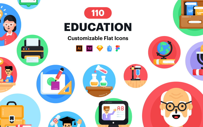 Płaskie ikony edukacji - 110 ikon wektorowych