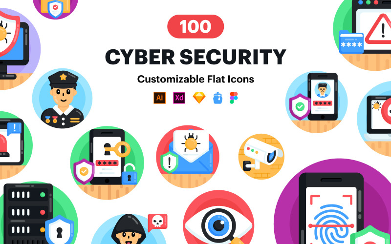 Cybersäkerhetsikoner - 100 platt koncept