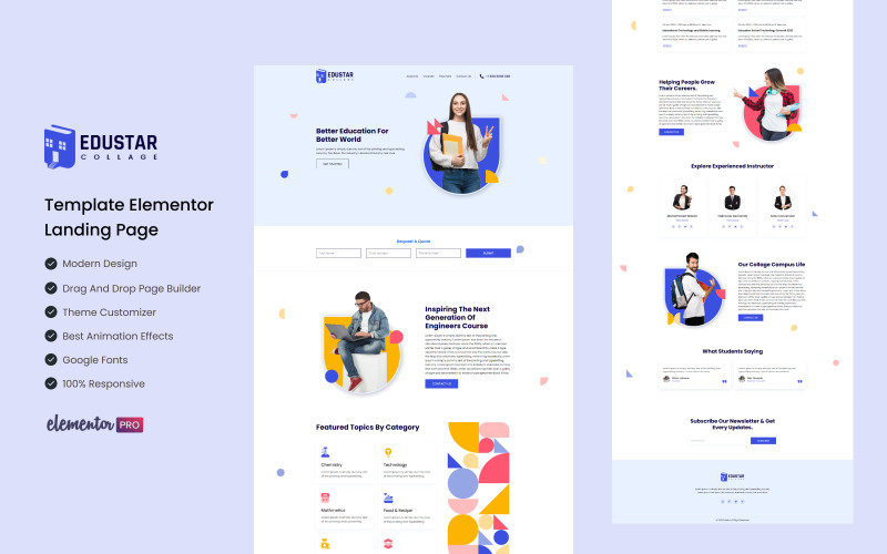 Edustar - Plantilla Elementor lista para usar para educación escolar, collages y universitaria