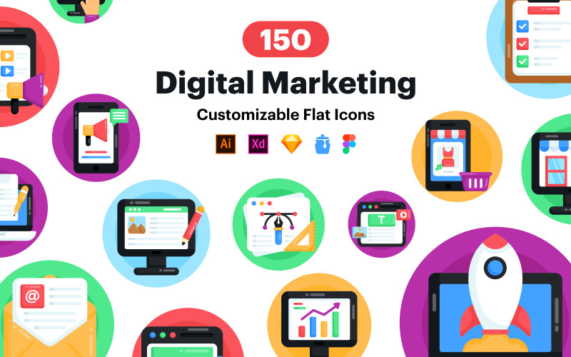 150 icone piatte di marketing digitale