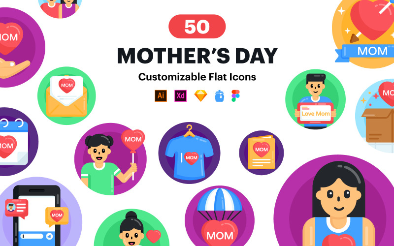50 Flat Round Happy Mother's Day Icons