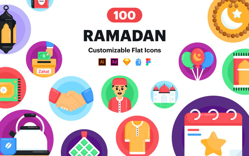 100 iconos vectoriales planos de Ramadán