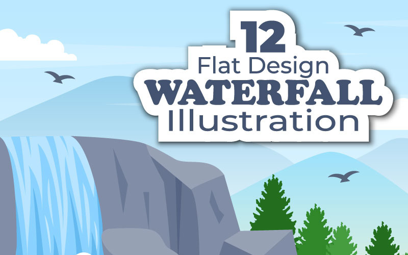 12 Wasserfall-Landschafts-flache Design-Illustration