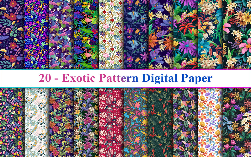 Set di carta digitale con motivo esotico, motivo floreale esotico, sfondo esotico