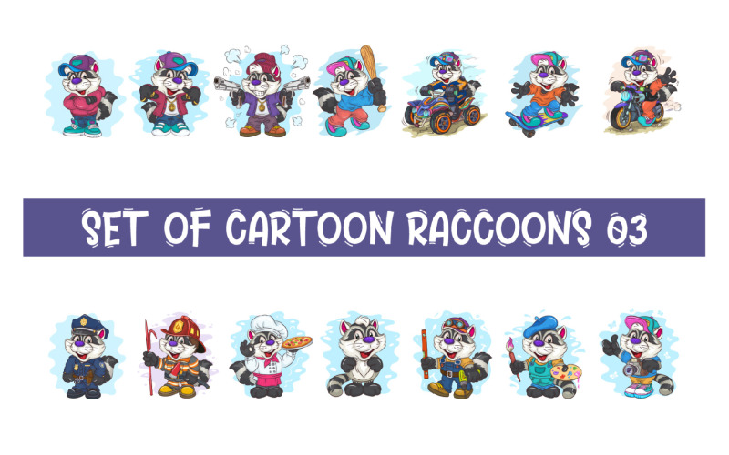 Set of Cartoon Raccoons 03. T-Shirt.