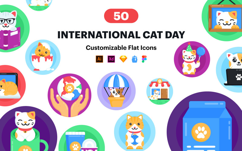 50 internationella kattdagen ikoner