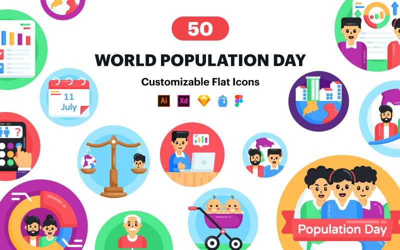 50 Wereldbevolkingsdag Vector Icons