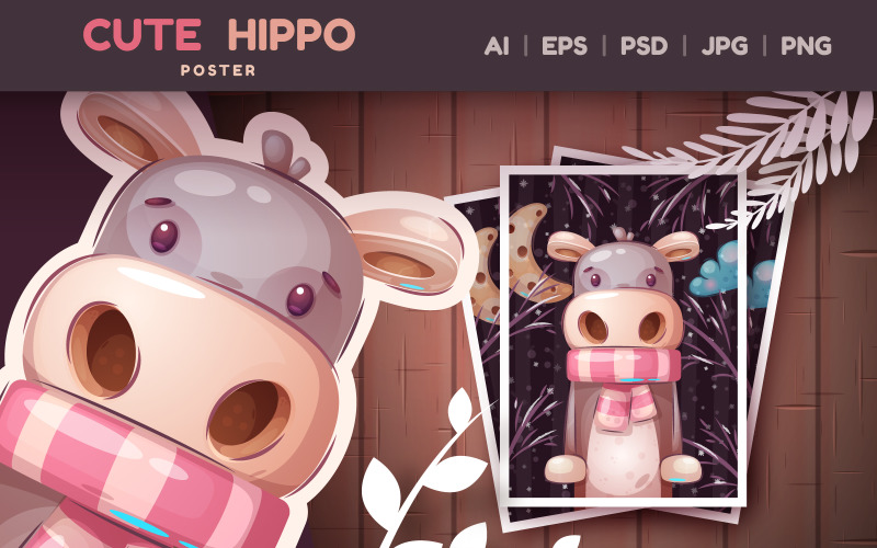 Personaggio dei cartoni animati animale ippopotamo invernale, illustrazione grafica