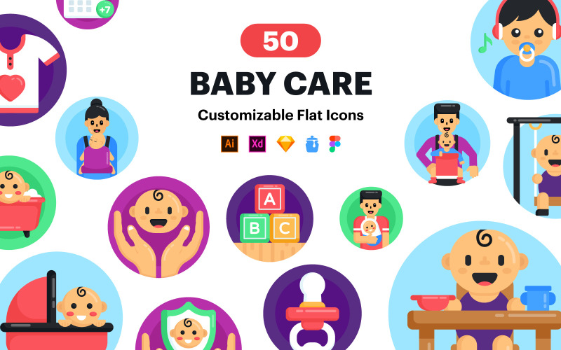 Babyverzorgingspictogrammen - 50 ronde vectorpictogrammen