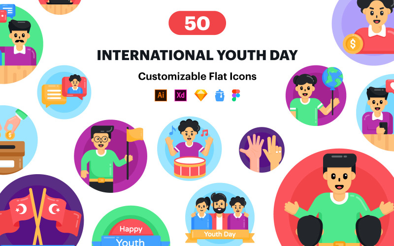 50 iconos vectoriales del Día Internacional de la Juventud
