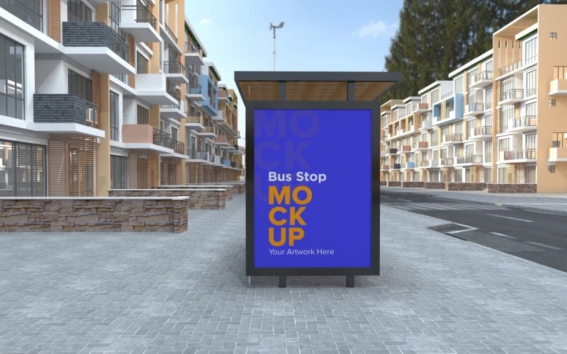 City Bus Shelter Advertising Sign mockup Template v2
