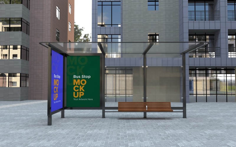 Modèle de maquette de panneau d'affichage d'arrêt de bus de la ville de vue en soirée v2