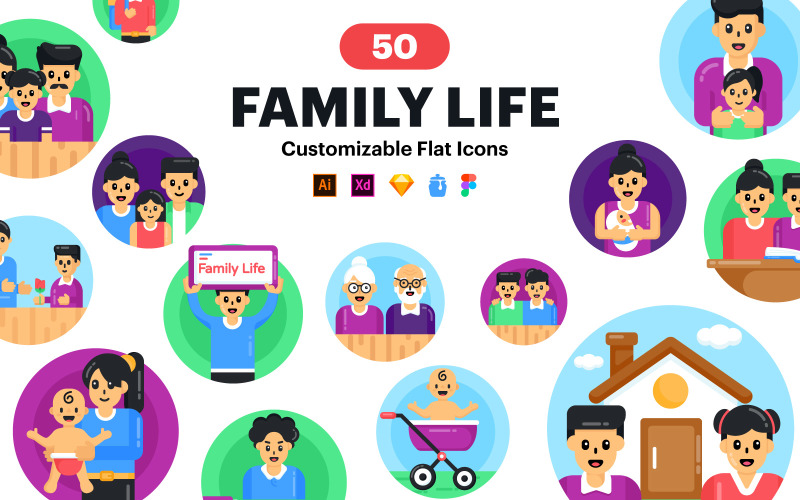 Rodinné ikony - 50 plochých vektorových ikon