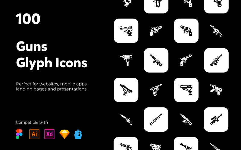 100 unikalnych ikon linii glifów broni.