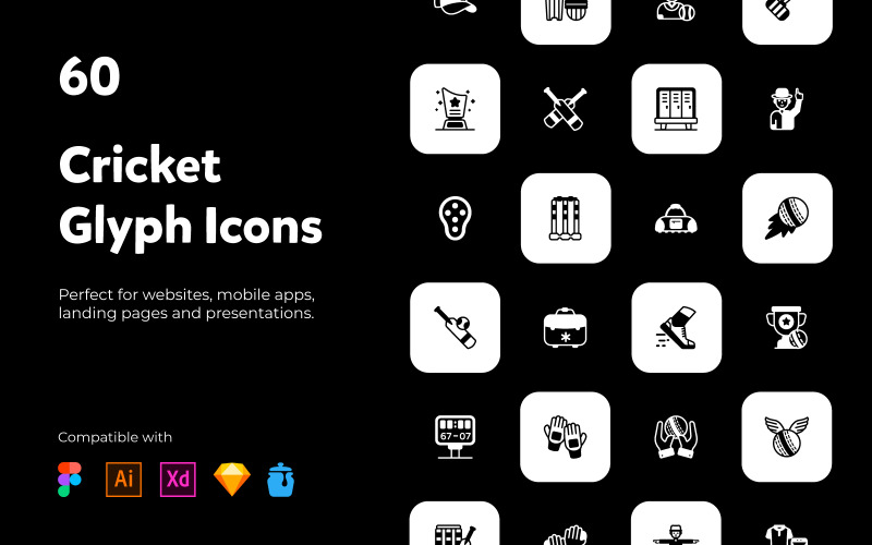 60 Cricket Utrustning Glyph ikoner