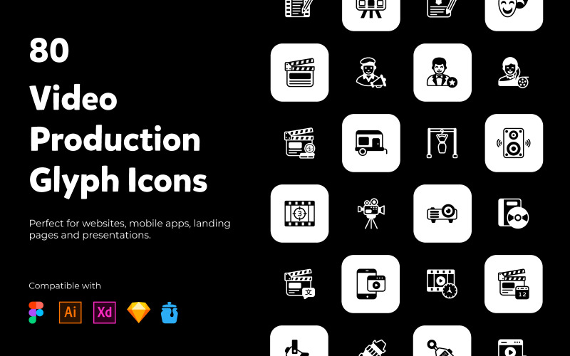 80 iconos sólidos de producción de video