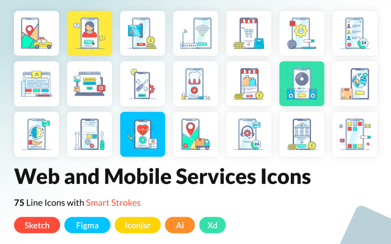 Iconos planos de servicios web y móviles