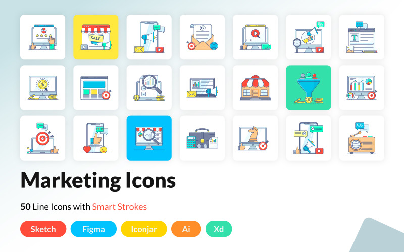 Iconos de contorno plano de marketing digital