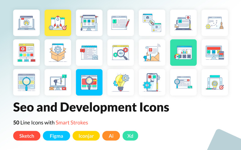 Seo e ícones planos de desenvolvimento