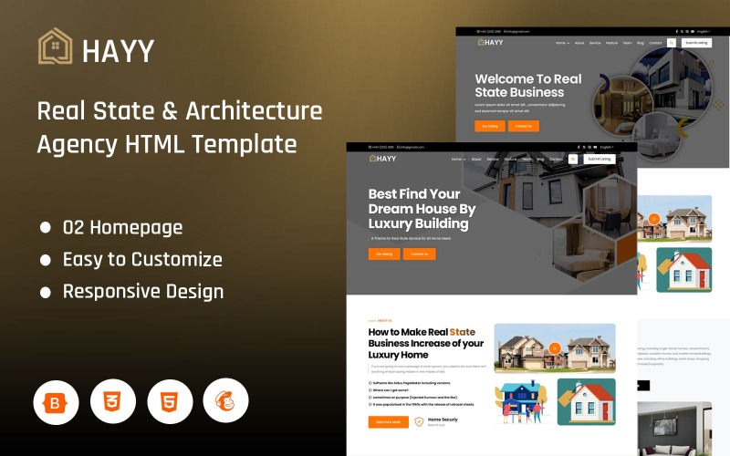 Hayy - Real State & Architecture HTML5-mall för landningssidor
