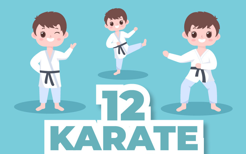 Ilustración de 12 niños de Karate de dibujos animados lindo