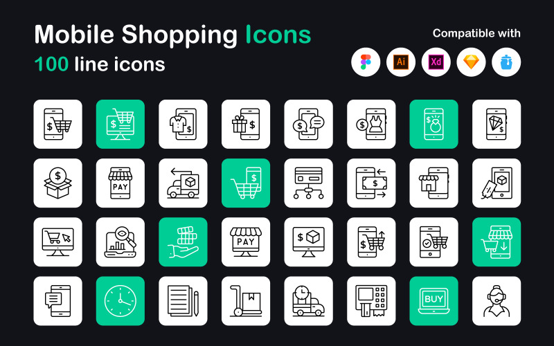 Pack d'icônes linéaires de magasinage mobile