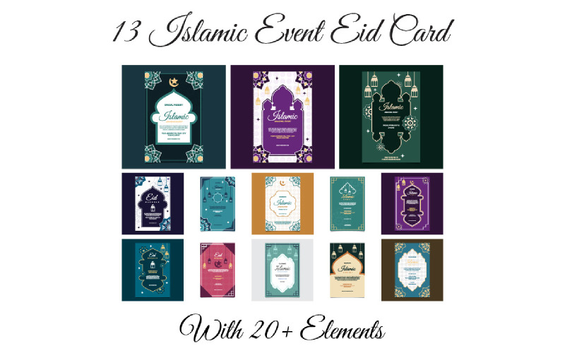 13 islamiska evenemang Eid-kort med 20+ element