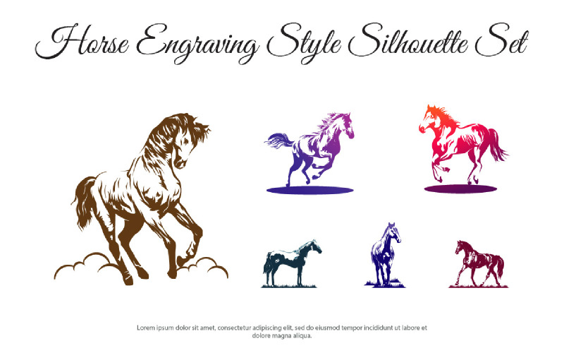 Pferd-Gravur-Stil-Silhouette-Set