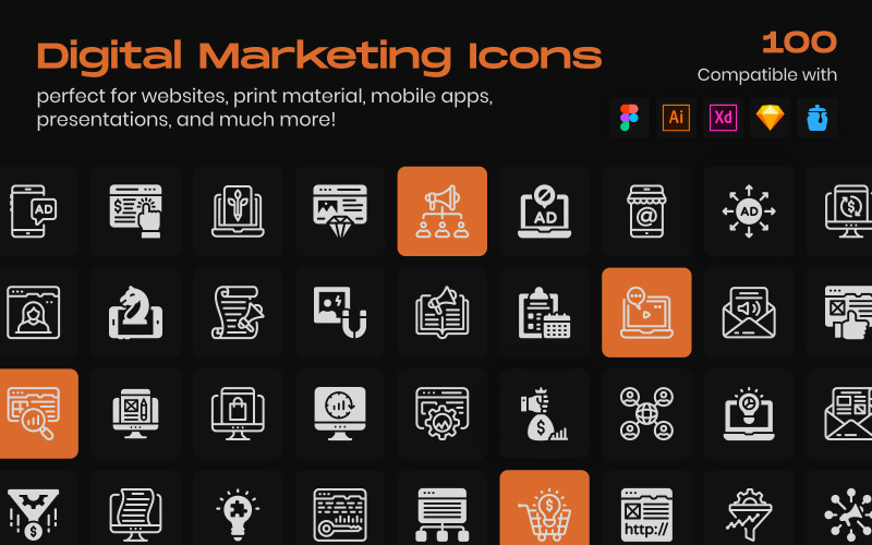 Digital marknadsföring linjära ikoner Pack